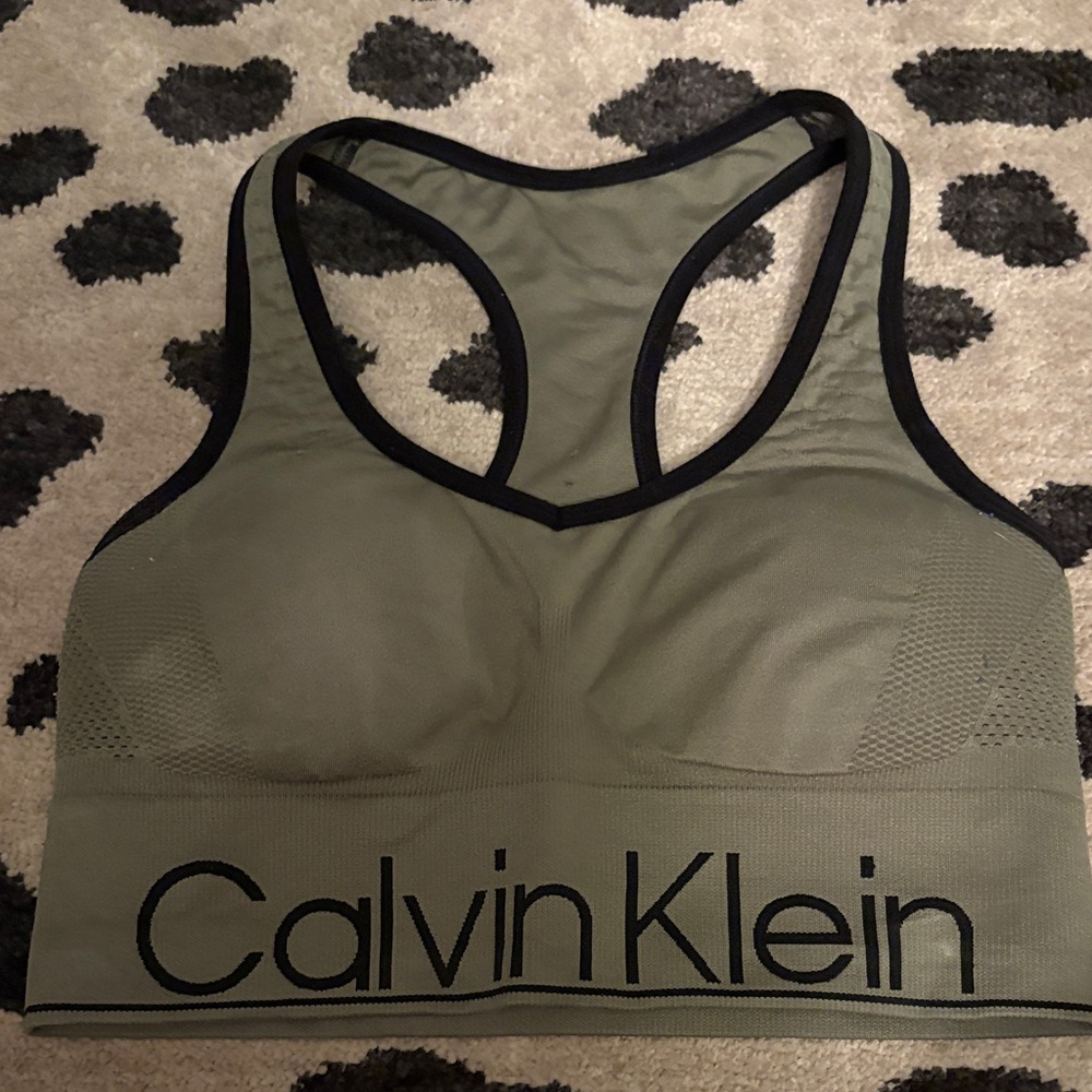 Calvin Klein Khaki Sports Bra with Black Trim - Picture 1 of 2
